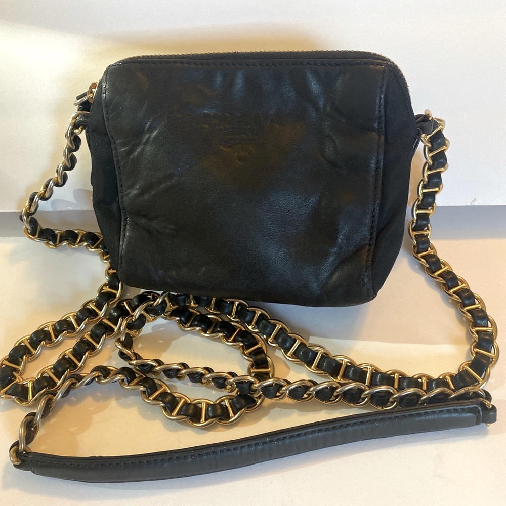Vintage Authentic Prada Milano Black Leather Nylon Chain Strap Crossbody Bag